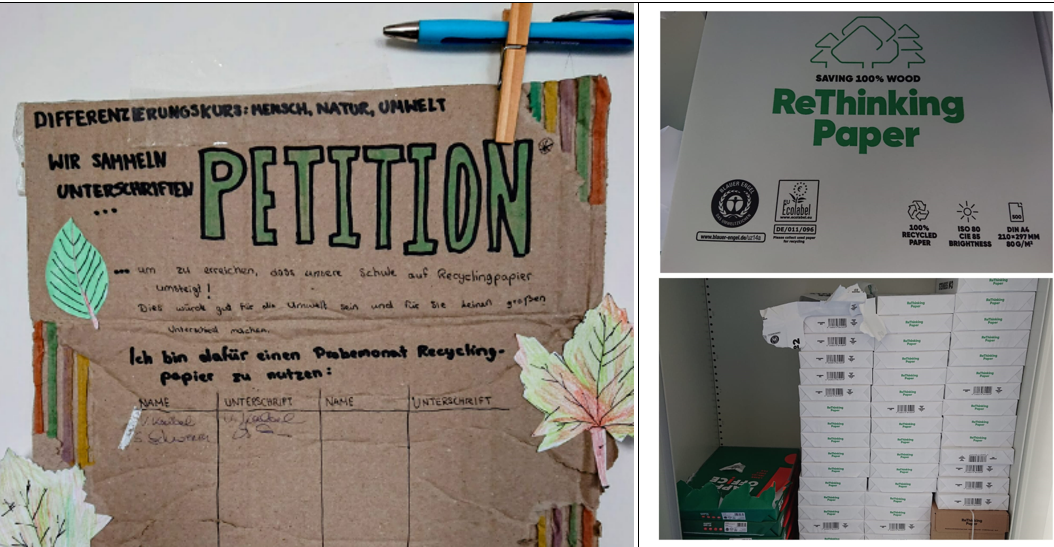 Man sieht die Petition zu Beginn des Projekts und den Erfolg des Projekts: Zertifiziertes Recycling Papier.